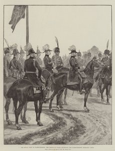 La visita real a Warwickshire, el Príncipe de Gales revisando el Cuerpo de Yeomanry de Warwickshire de Melton Prior